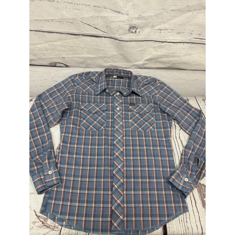 Vintage Wrangler Western Pearl Snap Shirt Mens Medium Blue Orange Plaid USA Made